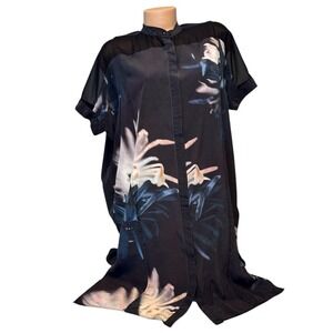 ALLSAINTS Women's Size US4 Black Floral 100% Silk Mini Shirt Dress Short Sleeves